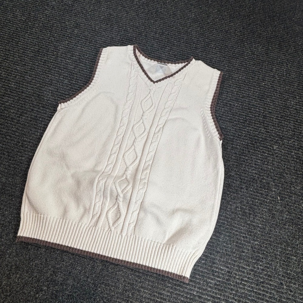 Gymboree Boys Cream Brown Cable Knit Sweater Vest V-Neck Cotton Size M 7-8